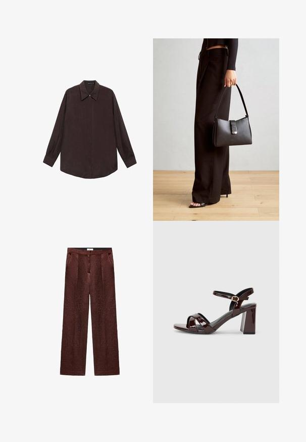 Long-sleeve shirt in dark brown fabric with a pointed collar, front button closure, and straight-cut hem. Smooth texture and relaxed fit.; Brown wide-leg trousers crafted from textured fabric, featuring front pleats and side pockets, with a smooth waistband at the top.; Patent burgundy high-heeled sandal with an open toe, featuring cross straps and an ankle strap with a round gold buckle. Block heel design.; Black handbag with structured shape, smooth texture, and a metallic clasp. Paired with wide black pants and open-toe sandals on wooden floor.