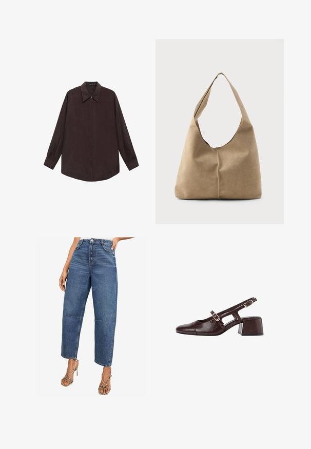 Dolgi rokav srajca iz temno rjave tkanine s koničastim ovratnikom, sprednjim zapiranjem na gumbe in ravnim robom. Gladka tekstura in sproščen kroj.; Visoko pasowane, naravnost krojene kavbojke v srednji modri pranju. Imajo klasičen pet-pocket dizajn in diskretne šive.; Rjave usnjene slingback pete s kvadratnim nosom, izrezanimi stranicami in blok peto. Imajo sponko na trakcu okoli gležnja.; Hobo torba iz mehkega bež nubuka z ohlapno obliko, širokim ramenskim trakom in ročno šivanim šivom po sprednji strani.