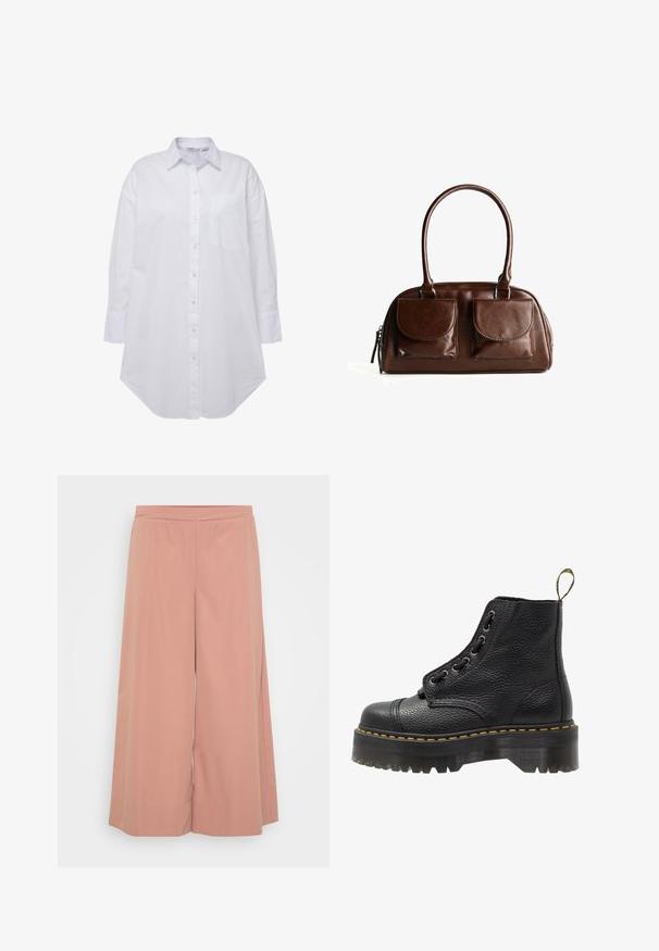 Vit knappad skjorta med krage, en ficka på vänster bröst, långa ärmar med knappmanschetter och rundad fåll. Tillverkad av bomull.; Rosa vida byxör gjorda av mjukt tyg, med elastisk midja, slät yta och en lös, svepande design.; Svart läderankelboot med texturerad yta, rund tå, snörningsdesign, gul stygn och en tjock, mönstrad svart plattformssula.; Brun läderhandväska med två framfickor med klaff, rundade handtag och en dragkedja på sidan mot en vit bakgrund.