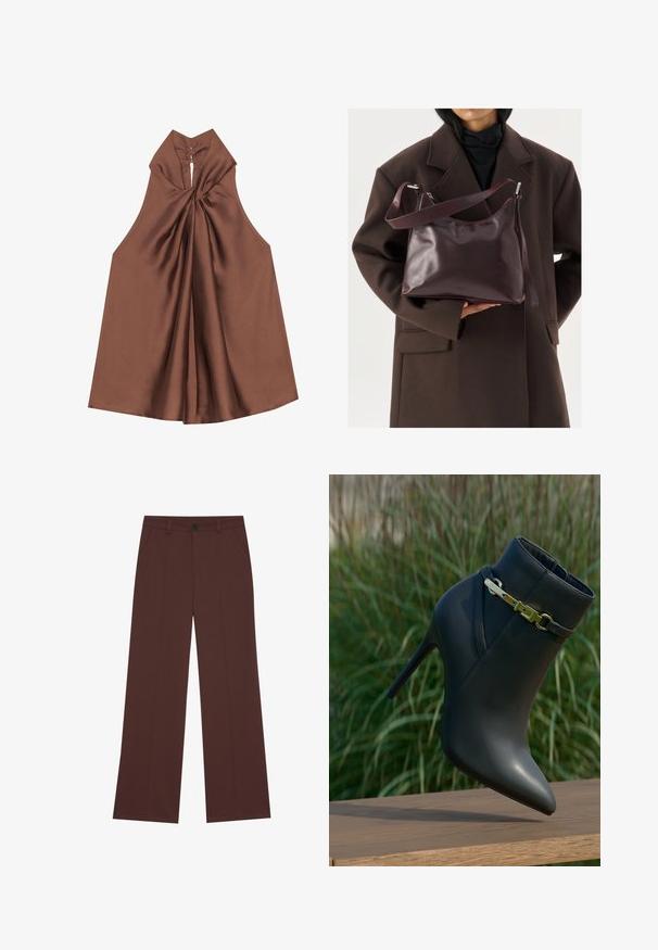 Top castanho sem mangas com um colarinho alto, tecido drapeado e uma abertura em forma de olho de fechadura nas costas, feito de material suave e brilhante.; Calças largas em tecido castanho escuro. Apresentam um fecho com botão, duas bolsos frontais, textura suave e linhas limpas.; Bota de salto alto preta com bico fino e detalhe em fivela dourada, exibida sobre uma superfície de madeira com fundo de folhagens verdes.; Pessoa com um casaco castanho-escuro a segurar uma mala de mão em pele bordeaux brilhante, com uma alça de ombro ajustável, contra um fundo claro.