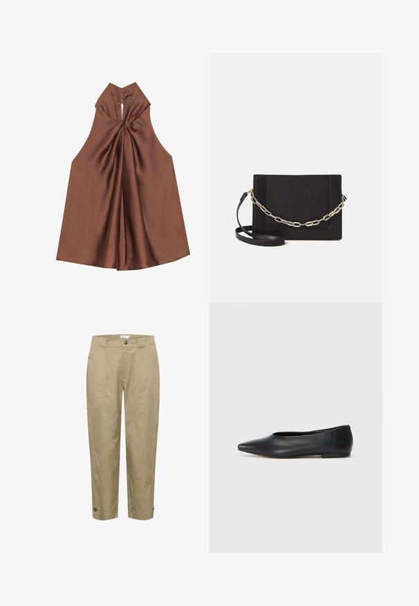 Ruda be rankovių palaidinė su aukšta apykakle, drapiruota medžiaga ir raktinės skylutės forma nugaros atidarymas, pagaminta iš lygaus, blizgesio medžiagos.; Šviesiai rudos, lengvos kelnės su tiesiu kirpimu, turinčios šonines kišenes ir mygtukų akcentus priemolio gale, kuriuos galima reguliuoti pagal stilių ir patogumą.; Juodas odinis baleto batas, su smailiu pirštu, minimalistinio dizaino, lygiu paviršiumi, žemo profilio kulnu, be matomos aparatūros ar papuošimų.; Juodas odinis per petį nešiojamas krepšys turi lygų paviršių, stačiakampio formą ir metalinę grandinėlę priekyje. Pridedama reguliuojama dirželis.