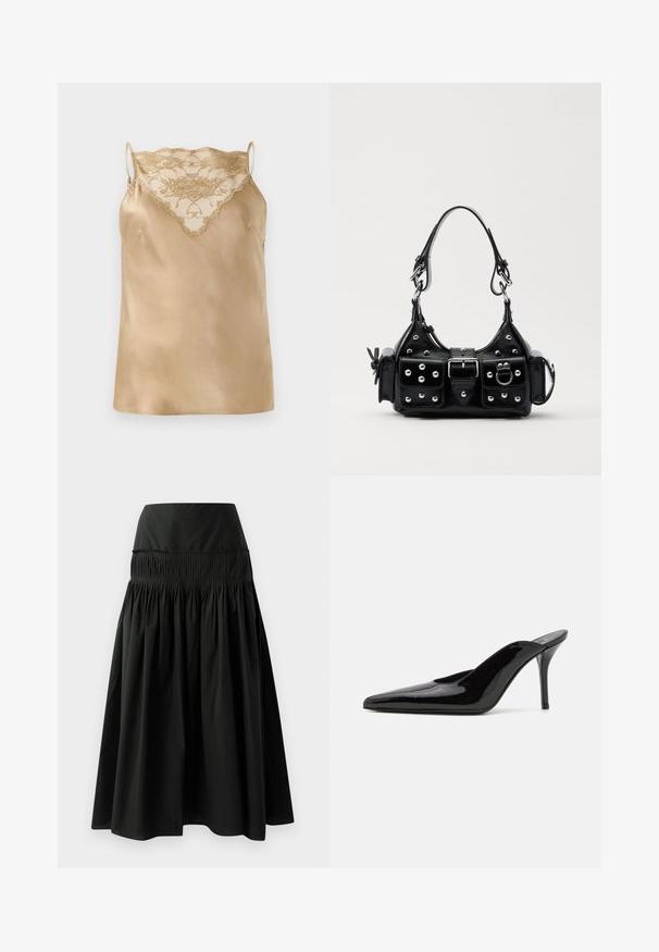 Satin camisole vaaleanbeige värissä, jossa on pitsiyksityiskohtia kaula-aukon ympärillä. Mallissa on ohuet säädettävät olkaimet ja sileä, kiiltävä pinta.; Mustat polvipituiset hameet, jotka on valmistettu sileästä kankaasta. Hameessa on tiukka vyötärö ja kerroksellinen muotoilu, joka lisää täyteläisyyttä.; Mustat patentoidut korkeakorkoiset mulesandaalit, joissa on terävä kärki ja sulavalinjainen siluetti. Kenkäparissa on avonainen takaosa ja hoikka stiletto-korko.; Musta nahkainen käsilaukku, jossa on kaareva muotoilu, hopeiset niitit, solki ja kaksi sivutaskua. Säädettävä olkahihna erilaisiin kantovaihtoehtoihin.