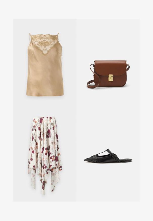 Camisola in satin beige con dettagli in pizzo sullo scollo, caratterizzata da sottili spalline regolabili e una texture liscia e lucida.; Gonna con orlo a fazzoletto bianco con stampa floreale ad acquerello in marrone, grigio e arancione, dotata di una vita elasticizzata.; Scarpa slingback in pelle nera con punta appuntita, con un dettaglio intrecciato e un design superiore plissettato. Suola piatta con hardware minimale.; Borsa a tracolla in pelle marrone con chiusura a pattina, hardware color oro, tracolla e una finitura liscia. Forma rettangolare compatta.