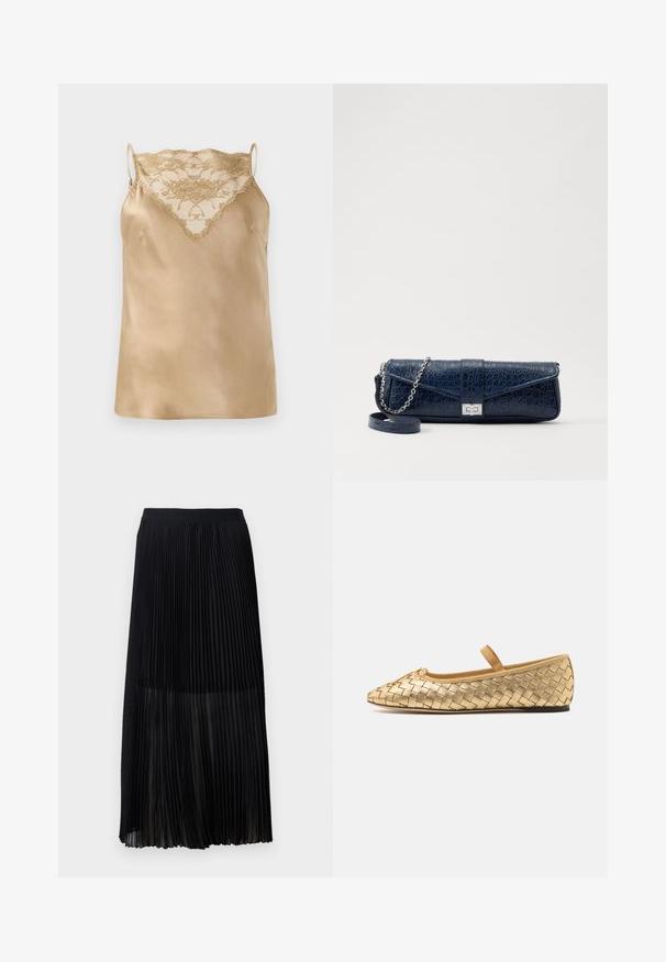 Beige szatén hálóing csipkés díszítéssel a nyakrészen, vékony, állítható pántokkal és sima, fényes felülettel.; Fekete, plisírozott midi szoknya sima, elasztikus derékkal és áttetsző felső réteggel, finom függőleges pliszékkel az anyag teljes felületén.; Loeffler Randall LEONIE SOFT BALLET FLAT - Bokapántos balerina cipők - gold; Sötétkék bőr retikül krokodilbőr textúrával, ezüst lánc pánttal és fém csattal. Téglalap alakú, felhajtható kialakítással.