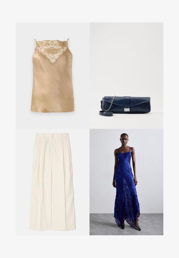 Satin camisole i beige med blonde detaljer ved udskæringen, som har tynde justerbare stropper og en glat, blank tekstur.; VIDE-bukser i et blødt, lyst cremefarvet stof. Har frynser foran, bæltesløjfer og en glat tekstur. Skræddersyet design med en ren finish.; Blå og lilla dyreprint maxi kjole med tynde stropper, en tætsiddende bodice, flagrende kant og gennemsigtig overlay-detaljering.; Mørkeblå læder clutch med krokodilleskin, sølv kædesti og metallisk lukning. Firkantet form med fold-over design.