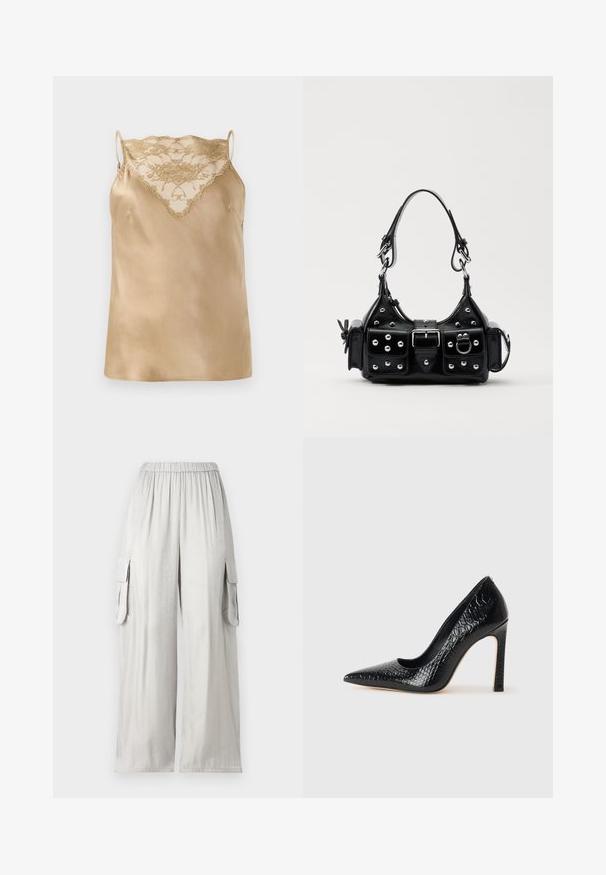 Satin camisole vaaleanbeige värissä, jossa on pitsiyksityiskohtia kaula-aukon ympärillä. Mallissa on ohuet säädettävät olkaimet ja sileä, kiiltävä pinta.; Vaaleanharmaat leveälahkeiset housut, jotka on valmistettu sileästä kankaasta. Housuissa on joustava vyötärö ja kaksi sivutaskua.; Musta kapea nilkkakorkokenkä krokotiilin nahkakuviolla, joka on varustettu tyylikkäällä muotoilulla, korkealla stiletto-korkealla ja sileällä mustalla sisäosalla.; Musta nahkainen käsilaukku, jossa on kaareva muotoilu, hopeiset niitit, solki ja kaksi sivutaskua. Säädettävä olkahihna erilaisiin kantovaihtoehtoihin.