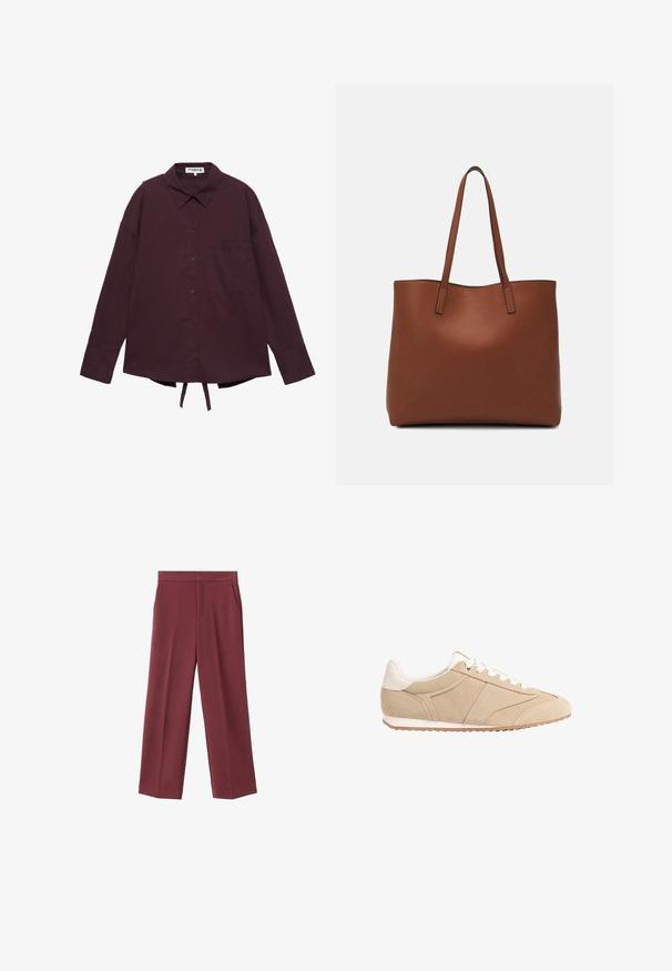 Dunkelviolettes Langarm-Hemd mit Knöpfen, Kragen, Brusttasche und verstellbaren Bändern am Saum.; Weinrote Hose mit weitem Bein aus glattem Material, ausgestattet mit seitlichen Taschen und einem hohen Taillendesign. Mit einem klaren vorderen Bügel gefaltet.; Stradivarius Sneaker low - beige; Braune Leder-Tote mit glatter Textur, offenem Oberteil und zwei Schulterriemen. Verfügt über minimale Nähte und keine sichtbaren Beschläge.