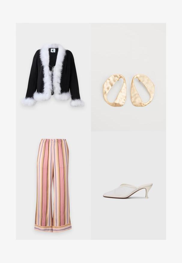 Čierna skrátená bunda s bielym umelým kožuchom na golieri a manžetách. Obsahuje zips a má jemnú textúru. Biely štítok vo vnútri.; Prúžkové pyžamové nohavice s elastickým pásom, širokými nohavicami a striedajúcimi sa prúžkami v ružovej, levandulovej a žltej farbe s hladkou textúrou.; Biele sieťované lodičky s špicatou špičkou, s úzkym stredne vysokým podpätkom a bez zapínania, na jednobodovom pozadí.; Pár nepravidelných oválnych zlatistých kovových náušníc s textúrovaným, mierne rozbitým povrchom na bielom pozadí.