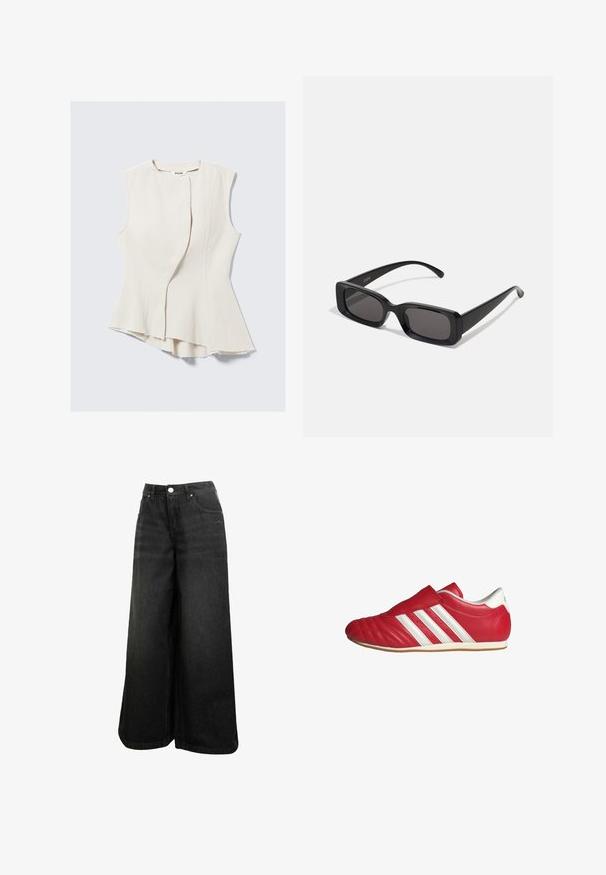 Top bege sem mangas com uma bainha assimétrica única e tecido texturizado. Apresenta um design de sobreposição à frente, bordas desfiadas e um brilho subtil.; Jeans de ganga largas, pretas e de cintura alta, com botão frontal, bolsos e um logo discreto no bolso da frente.; Shoe atlético vermelho em couro com bico arredondado, parte superior texturizada, riscas laterais brancas e cinta em velcro. Sola plana em borracha para aderência.; Óculos de sol retangulares pretos com lentes escuras, acabamento brilhante, braços largos e um design de armação robusto. Nome da marca gravado em um dos braços.; Bolsa bege com detalhes em couro envernizado preto, forma arredondada, alças duplas e um logotipo preto em relevo na parte da frente.