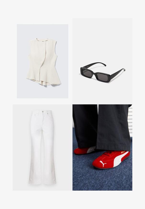 Top bej fără mâneci, cu un tiv asimetric unic și un material texturat. Are un design cu suprapunere frontală, margini nefinisate și o strălucire subtilă.; Jeans din denim alb cu fason evazat și talie înaltă, având buzunare frontale și închidere cu fermoar. Textură netedă și design curat, minimalist.; Adidași roșii din suede cu accente albe, având material texturat, vârf rotund și un logo auriu pe lateral, purtați cu pantaloni negri.; Ochelari de soare negri, cu ramă rectangulară, lentile întunecate, finisaj lucios, brațe late și un design masiv. Numele mărcii gravat pe una dintre brațe.; Geantă de mână din piele roșie, cu un design unghiular și geometric. Dispune de o singură curea ajustabilă și un sistem de închidere cu clapetă, cu detalii cusute.