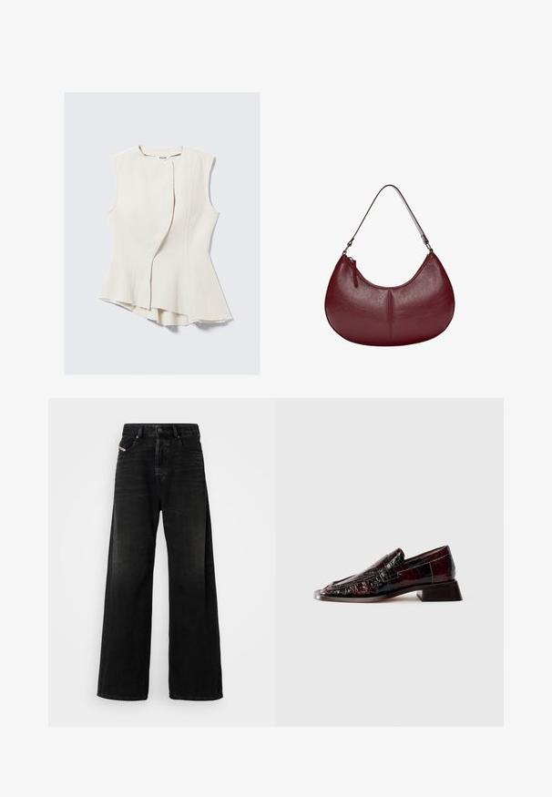 Beżowy top bez rękawów z unikalnym asymetrycznym dołem i teksturowanym materiałem. Posiada projekt z zachodzeniem przodu, surowe krawędzie oraz subtelny połysk.; Szerokie czarne dżinsy z wysokim stanem, z zapięciem na guzik, przednimi kieszeniami i wyblakłą teksturą.; Ciemnobordowy lakierowany skórzany mokasyn z teksturowanym wykończeniem, niskim obcasem blokowym i klasycznym detalem w kształcie paska penny, pokazany z boku.; Bordowa skórzana torebka o zakrzywionym kształcie. Posiada jeden pasek na ramię i zamek błyskawiczny u góry, prezentując gładką, teksturowaną powierzchnię.