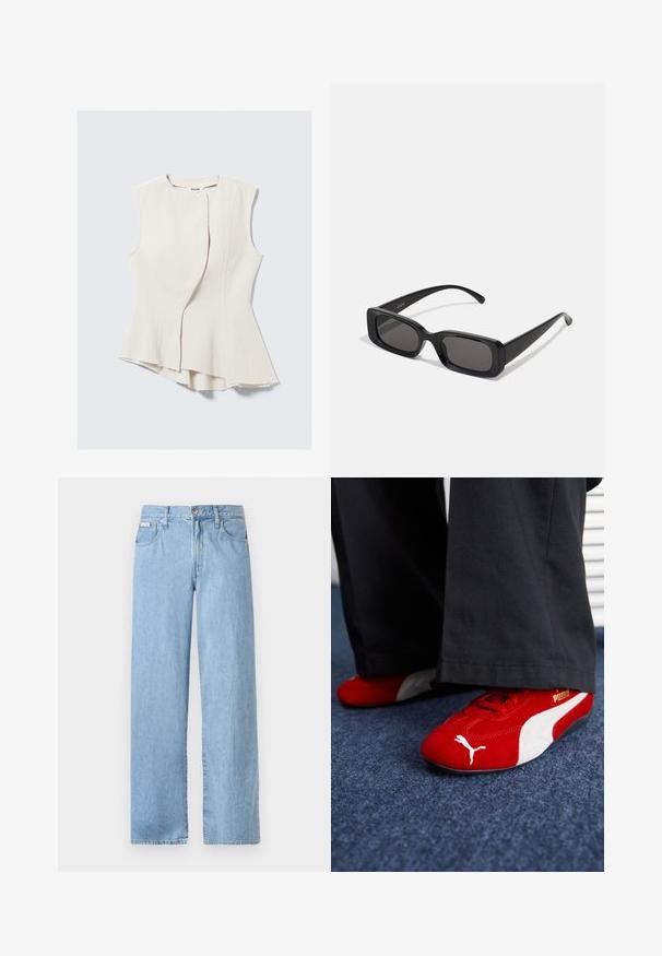Bezrukávový béžový top s jedinečným asymetrickým spodným okrajom a textúrovanou tkaninou. Obsahuje predný prekrývajúci dizajn, surové okraje a jemný lesk.; Svetlo modré široké džínsy vyrobené z denimu, s stredne vysokým pásom, kovovým gombíkom a piatimi vreckami s viditeľnými detailmi šitia.; Červené zamatové tenisky s bielymi akcentmi, s textúrovaným materiálom, okrúhlou špičkou a zlatým logom na boku, obuté s čiernymi nohavicami.; Čierne obdĺžnikové slnečné okuliare s tmavými šošovkami, lesklým povrchom, širokými ramenami a robustným rámovým dizajnom. Vygravírované meno značky na jednom ramene.; Bordová kožená kabelka s zakriveným tvarom. Obsahuje jeden ramenný popruh a vrchný zips, ktorý vyzdvihuje hladký, textúrovaný povrch.