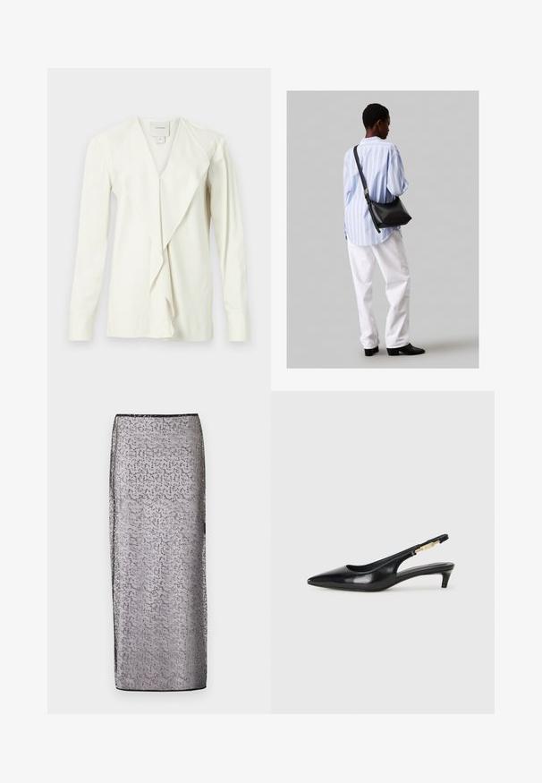 Balta garām piedurknēm blūze ar V veida kakla izgriezumu, ar drapējumu priekšpusē un pieguļošām piedurknēm. Gluda auduma ar smalku spīdumu, pielāgota dizaina.; Garšs, pieguļošs svārku dizains no caurspīdīga sudrabaina auduma ar smalku rakstu un mirdzošiem akcentiem. Iezīmējas ar melnu jostu un malu.; Melnas ādas slingback zābaki ar smailu purngalu, ar šauru papēdi un zelta krāsas akcentu uz regulējama siksniņas. Gluda tekstūra.; Melna ādas plecu soma ar mīkstu tekstūru, trīsstūra formu un regulējamu siksnu, apvienota ar gaiši zilu svītrotu krekli un baltām biksēm.