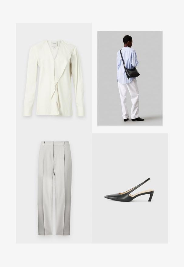 Balta garām piedurknēm blūze ar V veida kakla izgriezumu, ar drapējumu priekšpusē un pieguļošām piedurknēm. Gluda auduma ar smalku spīdumu, pielāgota dizaina.; Gaišpelēku piegrieztie bikses ar taisna piegriezuma dizainu, priekšējiem krokām un gludu tekstūru. Nav redzamu kabatu vai rotājumu.; Melna, ar smailu purngalu, slingback kurpe ar zemu papēdi, izgatavota no gludas ādas materiāla un ar izgriezumiem sānos gaisa caurlaidībai.; Melna ādas plecu soma ar mīkstu tekstūru, trīsstūra formu un regulējamu siksnu, apvienota ar gaiši zilu svītrotu krekli un baltām biksēm.