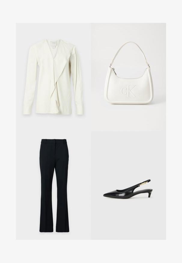 Valge pikakäeline pluus V-kaelusega, millel on drapeeritud esiosa ja kitsad varrukad. Siledast kangast, õrnalt läikiv, eest siis lõigatud disain.; Mustad flared püksid, mis on valmistatud siledast kangast. Omab töötlemata esiosa, vöökohas vöösilmuseid ja kohandatud lõiget, mis laieneb järk-järgult alla poole.; Mustad nahast slingback kontsad terava ninaga, millel on õhuke konts ja kuldse tooni aktsent reguleeritaval rihmal. Sile tekstuur.; Valge nahast käekott, millel on kumer kuju, esiküljel on reljeefne "CK" logo ja üks õlavarre rihm. Ülemine tõmblukkuu.