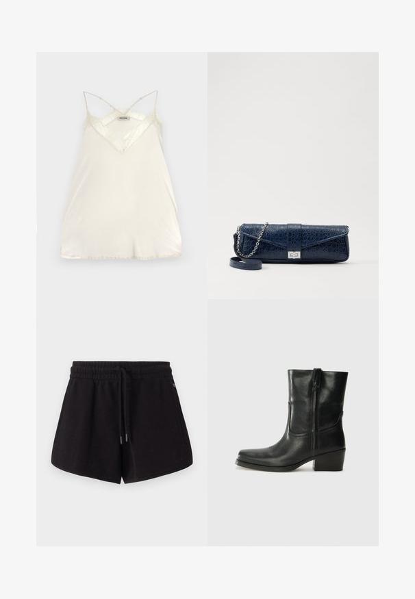 Light cream camisole with adjustable spaghetti straps, V-neck design, and lace accents at the neckline and hem for added detail.; Black athletic shorts made of soft fabric. Features an elastic waistband with drawstring, side pockets, and a relaxed fit.; Black leather ankle boot with a rounded toe, block heel, side zipper, and stitching accents on the vamp. Smooth texture, classic design.; Navy blue leather clutch with a crocodile texture, silver chain strap, and metallic clasp. Rectangular shape with foldover design.