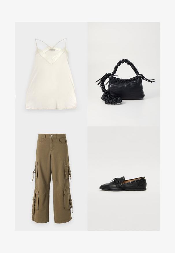 Light cream camisole with adjustable spaghetti straps, V-neck design, and lace accents at the neckline and hem for added detail.; Cargo pants in olive green cotton. Features multiple side pockets, adjustable ties, and a loose fit. Soft texture with stitched detailing.; Black leather loafers with a tied bow, featuring gold eyelet accents along the sides and a flat rubber sole. Smooth texture, classic design.; Black faux leather handbag with a crocodile texture, cinched top, and a scrunched strap. Appears soft and compact in design.