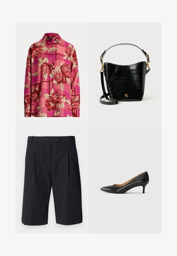 Roosa lillemustriga nööpidega särk, millel on roosid, tekstureeritud kanga ja pikad varrukad. Kraega ja veidi lõdva istuvusega.; Mustris musta lühikesed püksid, millel on kohandatud lõige, lamedad eest, voldid ja sile tekstuur. Sisaldab vöölooppe.; Must musta musta, millel on terav nina, madal konts ja sile tekstuur. Omab pisut avatud osa ees ja minimaalset riistvara taga.; Mustad krokodillimustriga must nahast kott, millel on kõver kuju, kuldse riistvara aktsessid, reguleeritav rihm ning logodetail esiosas.