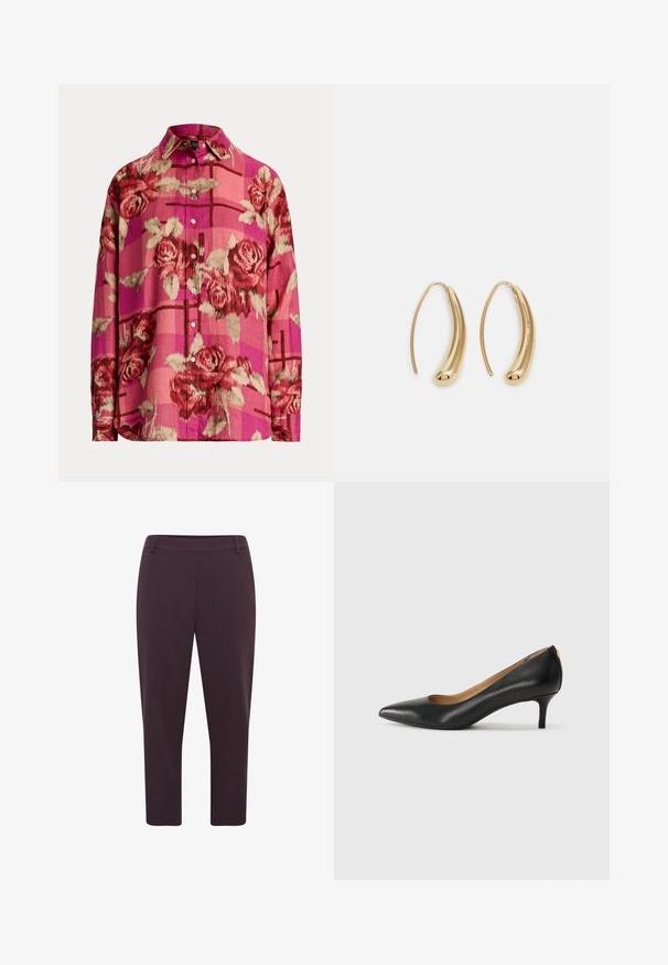 Różowa koszula zapinana na guziki w kwiatowy wzór z różami, o fakturowanej tkaninie i długich rękawach. Z kołnierzykiem i lekko luźnym krojem.; Ciemnofioletowe spodnie o prostym kroju, długości 7/8 i gładkiej tkaninie. Posiadają płaski pas i brak widocznych zapięć.; Czarne skórzane szpilki z wąskim noskiem, niskim obcasem i gładką fakturą. Posiadają lekko otwarte przody i minimalne okucia z tyłu.; Złote metalowe kolczyki w kształcie obręczy o zakrzywionym, wydłużonym kształcie. Posiadają gładką, błyszczącą powierzchnię oraz zaokrąglony koniec dla dodatkowego efektu.