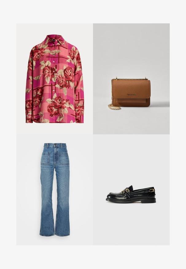 Roza srajca z gumbi s cvetličnim vzorcem, ki vsebuje vrtnice, teksturiran materijal in dolge rokave. Ima ovratnik in je nekoliko ohlapnega kroja.; Visoko pasí modri kavbojki z razširjenimi nogami, dvema sprednjima žepoma in dvema zadnjima žepoma; teksturirana tkanina z bledejšim umivanjem.; Črne usnjene loferice z debelim sijajem, opremljene z dvema zlatima zaponkama in nizko peto. Gladka tekstura z zaobljeno obliko prstov.; Rjava teksturirana usnjena torba čez ramo z zlatim verižnim trakom in zapiranjem na pokrov. Spredaj je vidna podrobnost logotipa in žep pod pokrovom.