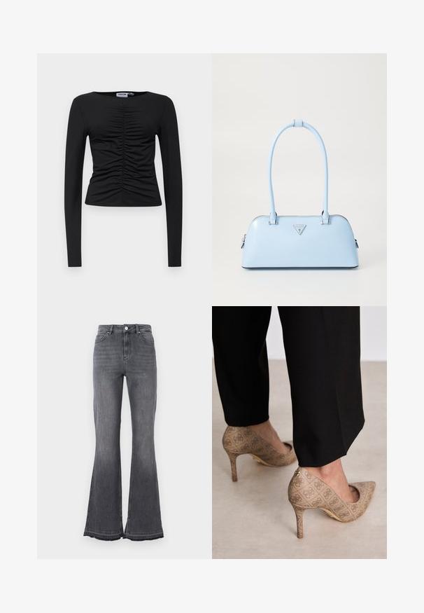 Crna dugo rukava majica od rastezljivog materijala, sa naboranim dizajnom na prednjoj strani, okruglim dekolteom i prilagođenim oblikom.; Traperice s visokim strukom koje se šire prema dnu, u izblijedjelom crnom denimu. Imaju kopčanje na dugme, dizajn s pet džepova i detalje s razderanim rubovima.; Bež cipele s visokom petom izrađene od teksturiranog materijala s ponavljajućim uzorkom. Dizajn s oštrim vrhom s pozadinskim naglaskom i zlatnim detaljem na peti.; Svijetloplavi ručni torbica sa strukturiranim oblikom, glatka kožna materija, dva ručka i trokutasti brend logotip na prednjoj strani. Zatvaranje na patentni zatvarač.