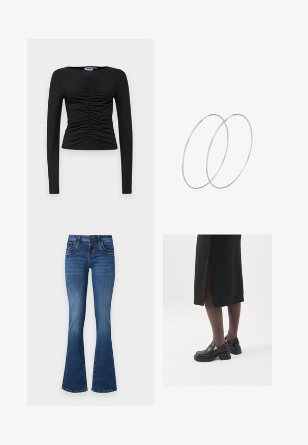 Czarny top z długim rękawem, wykonany z elastycznego materiału, z marszczonym wzorem z przodu, okrągłym dekoltem i dopasowanym krojem.; Nieco rozszerzane niebieskie dżinsy z średnim praniem, z klasycznym pięciopocketowym wzorem, subtelnym efektownym wyblaknięciem oraz wzmocnionymi szwami.; Czarne skórzane buty z okrągłym noskiem, grubym blokowym obcasem i elastycznymi akcentami po bokach, zestawione z ciemnymi rajstopami i czarną spódnicą z rozcięciem.; Srebrne kolczyki w formie obręczy o minimalistycznym designie. Okrągły kształt, gładka faktura i cienki profil. Lekkie, z polerowanym wykończeniem.
