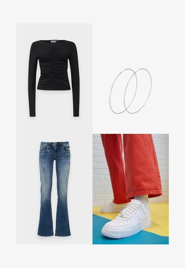 Czarny top z długim rękawem, wykonany z elastycznego materiału, z marszczonym wzorem z przodu, okrągłym dekoltem i dopasowanym krojem.; Dżinsy typu flare w średnim niebieskim kolorze z wyblakłymi miejscami i przetarciami. Posiadają pięć kieszeni oraz zamek błyskawiczny z zapięciem na guzik.; Białe skórzane sneakersy z perforowanym czubkiem, teksturowaną podeszwą i białymi sznurowadłami, w połączeniu z szerokimi czerwonymi spodniami na niebiesko-żółtym tle.; Srebrne kolczyki w formie obręczy o minimalistycznym designie. Okrągły kształt, gładka faktura i cienki profil. Lekkie, z polerowanym wykończeniem.