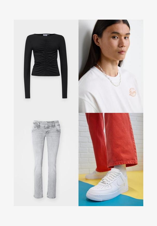 Top preto de manga longa feito de um tecido elástico, com um design franzido na frente, com decote redondo e forma justa.; Levi's jeans cinzas em denim com um corte slim, apresentando um fecho de botão duplo, bolsos frontais e bainha ligeiramente desfiada. Textura suave, design de perna reta.; Sapatilha de couro branca com biqueira perfurada, sola texturizada e atacadores brancos, combinada com calças largas vermelhas e um fundo azul e amarelo.; T-shirt branca de algodão com logótipo laranja, apresentando um colar de corrente prateada com elos interligados, exibido sobre um fundo neutro.
