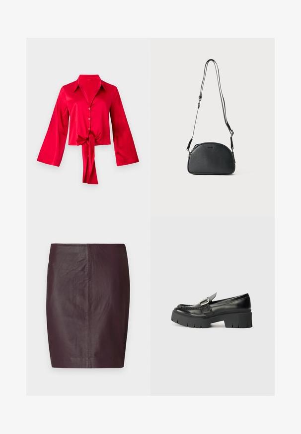 Blouse en satin rouge avec un col, à manches cloche longues et un lien à l'avant au niveau de la taille. Des boutons descendent le long de l'avant. Texture lisse.; Jupe en cuir bordeaux foncé avec une texture lisse, un design ajusté et une silhouette droite. Présente des coutures minimales et aucun matériel visible.; Mocassins en cuir noir avec une semelle en caoutchouc épaisse. Présentent un accent de boucle et des détails cousus sur le dessus. Talon plat.; Sac bandoulière en cuir noir avec une forme arrondie, deux sangles réglables et un logo discret à l'avant. Texture extérieure et design minimaliste.