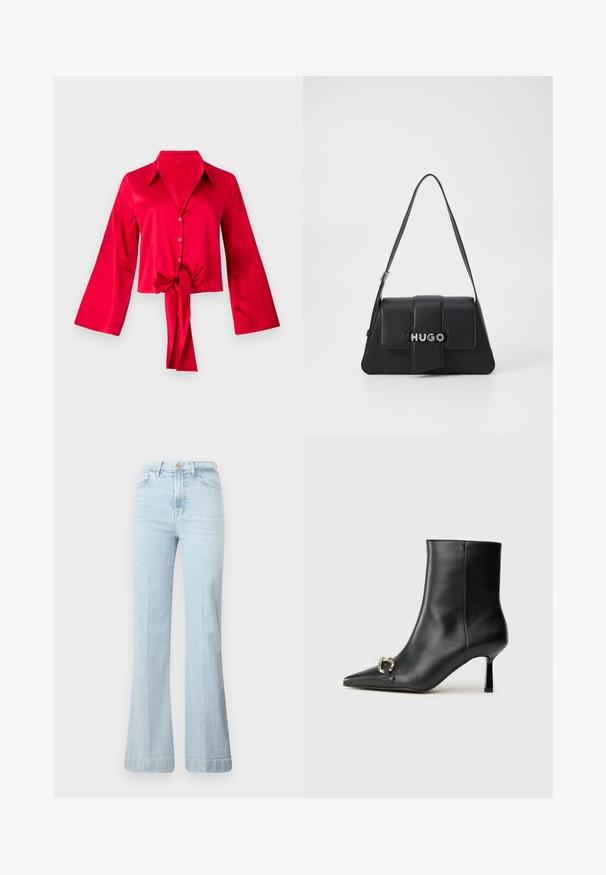 Blouse en satin rouge avec un col, à manches cloche longues et un lien à l'avant au niveau de la taille. Des boutons descendent le long de l'avant. Texture lisse.; Jean évasé bleu clair en denim. Doté d'une taille haute, d'une fermeture éclair et de deux poches avant. Décoloration subtile sur le tissu, ourlet propre.; Bottine en cuir noir avec un bout pointu, un talon moyen fin et un détail de boucle en argent sur le côté, se détachant sur un fond uni.; Sac à main en cuir noir de forme triangulaire, avec un rabat avant, des accessoires en métal argenté et le logo embossé "HUGO". Bandoulière unique.