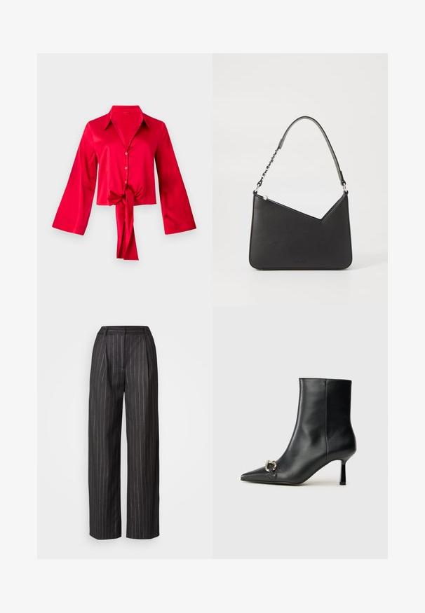 Rdeča satenasta bluzica s ovratnikom, dolgimi zvončastimi rokavi in detajlom z vezavo spredaj pri pasu. Gumbi tečejo po sprednji strani. Gladka tekstura.; Črne hlače s črtami, širokega kroja, z gubanjem spredaj in gladko teksturo. Imajo pas in brez vidnih žepov.; Črne usnjene gležnjarje s koničastim nosom, ozkim srednjem petam in srebrno zaponko na strani na enobarvni podlagi.; Črna usnjena torbica s trikotno obliko, ozkim trakom in srebrnimi dodatki. Ima zadrgo in vtisnjen logotip spredaj.