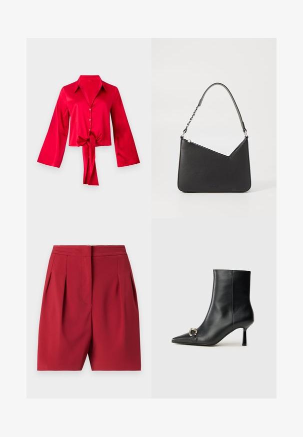Red satin blouse with a collar, long bell sleeves, and a front tie detail at the waist. Buttons run down the front. Smooth texture.; Red tailored shorts with pleats, made of smooth fabric. Features a structured waistband and clean lines, offering a refined silhouette.; Black leather ankle boot with pointed toe, slim mid-height heel, and silver buckle detail on side against plain background.; Black leather handbag with a triangular shape, a slim strap, and silver hardware. Features a zip closure and embossed logo on the front.
