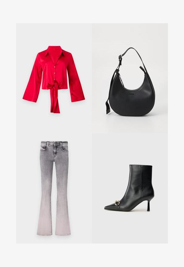 Rød satengbluse med krage, lange klokkeermer og en knytedetalj foran i midjen. Knapper går nedover foran. Glatt tekstur.; Sprekte jeans i gradient svart til lys grå denim. Har klassisk fem-lommers design, frontknapplukking og subtile sømdetaljer.; Sorte lær ankle boot med spiss tå, slank mid-høyde hæl og sølvspenne på siden mot en enkel bakgrunn.; Svart skulderveske i skinn med buet form, glidelås og justerbar stropp. Har preget merkevarelogo på forsiden.