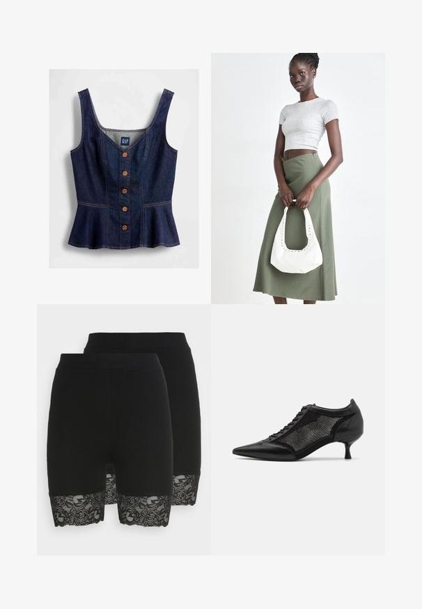Tmavě modrý denimový top bez rukávů se širokými ramínky, předním zapínáním na knoflíky, přiléhavým pasem a mírně rozšířeným lemem, označený značkou GAP.; Černé šortky vyrobené z hladké látky s krajkovým lemem na spodním okraji, zdobené květinovými vzory. Viditelné dva kusy, ukazující konzistentní design.; Černá špičatá obuv s designem síťové panelů, s nízkým podpatkem a šněrováním v přední části. Vyrobeno z kombinace kůže a síťového materiálu.; Šedý pruhovaný crop top a olivově zelená sukně s vysokým pasem. Modelka drží bílou kabelku přes rameno s výřezovými detaily. Jednoduchý design, přiléhavý silueta.