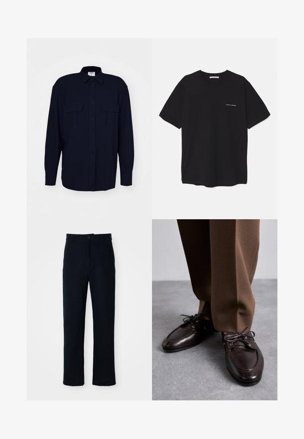 Filippa K RELAXED PATCH POCKET SHIRT - Cămașă - navy; Tricou din bumbac negru, cu guler rotund, mâneci scurte și un imprimeu alb cu logo pe partea stângă a pieptului. Design simplu, de culoare uniformă.; Pantaloni bleumarin din bumbac, cu un design drept, închidere frontală cu nasture și talie clasică cu bucle pentru curea.; Bally PATHY - Pantofi cu șiret - ebano