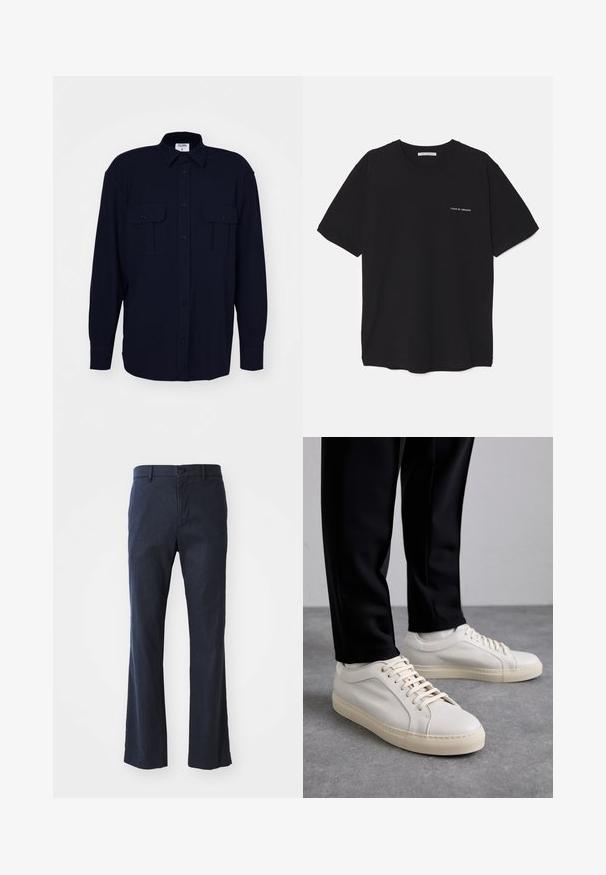Filippa K RELAXED PATCH POCKET SHIRT - Pluus - navy; Must musta T-särk, ümar kaelus, lühikesed varrukad ja valge logo trükk vasakul rinnal. Lihtne, ühtlane värvitoon.; Tumedateine flööridega püksid, mis on valmistatud kerge kangaga, ühekordse nupuga ja ees olevate taskutega, sileda tekstuuriga.; Kergedbežsest nahkkingad lamepaeltega, reljeefse pinnaga ja kontrastse kreemivärvi kummitallaga, kombineeritud mustade kitsaste pükstega.