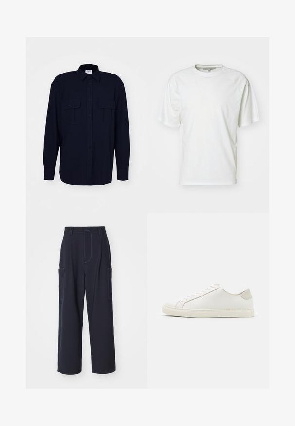 Filippa K RELAXED PATCH POCKET SHIRT - Shirt - navy; White t-shirt made of soft cotton; features a round neck, short raglan sleeves, and a relaxed fit; minimal design with no patterns or accents.; Navy cargo pants with blue stitching, elastic waistband, two side pockets, straight-leg design, and soft fabric texture.; White leather sneaker with a smooth surface, round toe, and minimalistic design. Features beige accents on the heel and a rubber sole.