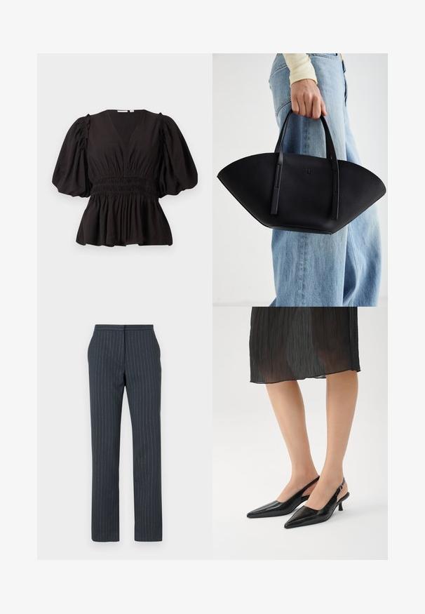 Sort top med puffærmer, dyb V-udskæring, samlet talje og flagrende kant. Lavet af letvægtsstof med en glat tekstur.; Mørkeblå bukser med lodrette striber, skræddersyet design, glat tekstur, lige ben og standard talje.; Sorte spidse slingback heels med en blank finish, slank hæl og åben bagside. Tekstur mønster på overmaterialet.; Sort læderhåndtaske med en unik vifteform, der har flade håndtag. Overfladen har en pebblelignende tekstur og et minimalistisk design.