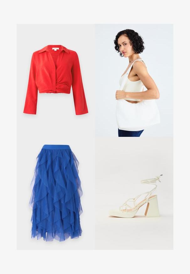 Sarkans apgriezts blūze ar iegrieztu apkakli, garām piedurknēm un savītu priekšpusi. Izgatavota no vieglas, teksturētas auduma.; Zila kārtainā tilla svārku ar viļņotu dizainu, piedāvājot plašu jostas daļu un mīkstu, caurredzamu tekstūru. Rufiļi veido apjomīgu izskatu.; Baltas augstpapēžu sandales ar masīvu papēdi, ar siksnu dizainu un potītes saistītiem elementiem. Gluda tekstūra ar platformu priekšpusē, lai nodrošinātu papildu augstumu.; Balta pleca soma, izgatavota no gludas auduma, ar ovālu izgriezumu un platu siksnu. Vienkārša un moderna, bez redzamām furnitūrām.