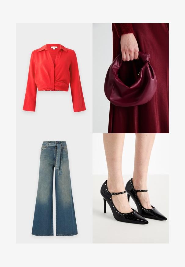 Red cropped blouse with a notched collar, long sleeves, and twisted front detail. Made of a lightweight, textured fabric.; Wide-leg denim trousers featuring a light to dark blue gradient, high waist, belt loops, and a matching fabric belt. Textured denim finish.; Black patent leather high heels with pointed toes, ankle straps, and metallic studs around the edges. Thin stiletto heels.; Burgundy leather handbag with a soft, gathered design and a rounded shape. The handle is secured, showcasing a smooth texture.