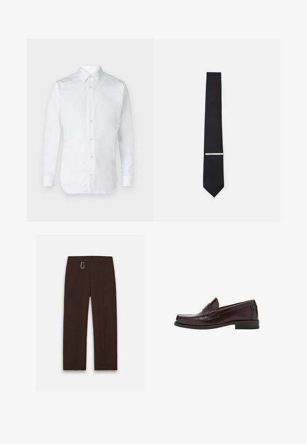 Camicia bianca con bottoni, maniche lunghe, realizzata in cotone morbido, con colletto classico e un leggero lucido. Cinque bottoni sul davanti.; Pantaloni marroni a gamba larga realizzati in tessuto liscio, con chiusura a zip e un moschettone come accentuazione distintiva, dotati di due tasche laterali.; Mocassini in pelle marrone con punta arrotondata, cuciture decorative sulla parte anteriore e suola in gomma piatta per supporto e durata.; Papillon nero realizzato in tessuto liscio, caratterizzato da una larghezza stretta e una clip argentata che esalta il suo design.