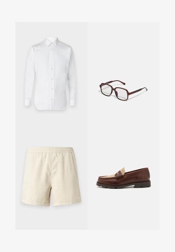 Biela košeľa na gombíky s dlhými rukávmi, vyrobená z hladkej bavlnenej tkaniny, s klasickým golierom a jemným leskom. Päť gombíkov na prednej strane.; Béžové bavlnené šortky s elastickým pásom, hladkou textúrou a prehnutým lemom na nohách. Jednoduchý dizajn, bez vreciek alebo ozdôb.; Hnedé kožené loafers so taupe plátnovým akcentom, prešívaním a textúrovanou gumovou podrážkou navrhnutou pre pohodlie a trvácnosť.; Hnedé, obdĺžnikové dioptrické okuliare s priehľadnými šošovkami a fialovými odtieňmi. Hladký plastový rám so zásadnými nožičkami a jemnými akcentmi.; Bordový hodvábny kravata, úzky tvar s pevným textúrou. Má špicatý koniec, jednotnú farbu a hladký povrch.