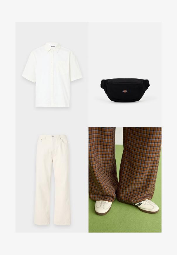 Kortermet, knappet skjorte i off-white bomull. Har krage og en lomme på venstre bryst med et enkelt design og myk tekstur.; Kremfargede viddejeans laget av denim, med standard fem-lommers design og en metallknapp lukking i midjen.; Brune og blå rutete vide bukser sammen med hvite sko med svarte detaljer og teksturerte såler, satt mot en grønn bakgrunn.; Svart stoffermagn med glidelås, med et lite merke på fronten. Kompakt, rund design med justerbare stropper.