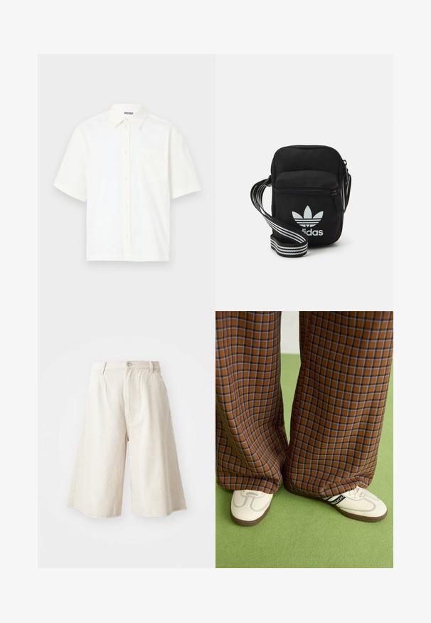 Lühikeste varrukatega, nööpidega särk kreemjas puuvillas. Omab kraed ja vasakul rinnal taskut, millel on lihtne disain ja pehme tekstuur.; Beezid laiad püksid, mis on valmistatud puuvillast, sirge lõikega, ees on taskud ja taljes on nähtav nööbinupp.; Pruunide ja siniste ruuduliste laiad püksid, mille juurde on kombineeritud valged kingad mustade aktsentidega ja tekstuursete taldadega, roheline taust.; Mustmust värvi risti koti, millel on tõmblukuga sulgemine, valge Adidas'i logo ja triibuline reguleeritav rihm mugavaks kandmiseks.