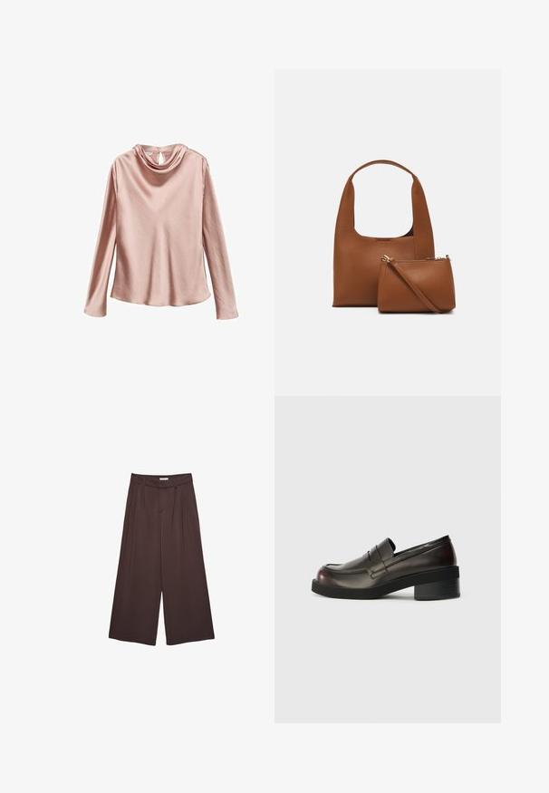 Dlhý rukáv top z jemnej, svetloružovej tkaniny s drapovaným výstrihom a uzáverom v tvare kľúčovej dierky na chrbte. Hladká textúra, voľný strih a pohodlné nosenie.; Hnedé široké nohavice vyrobené z mäkkej látky, s plisovaním v páse a bočnými vreckami. Strih prispôsobený postave s pohodlným strihom.; Tmavo hnedé kožené mokasíny s okrúhlym špicom, prešitým detailom a stredne vysokým blokovým podpätkom. Hladká textúra, minimalistický dizajn.; Hnedá syntetická kabelka s prehnutou rukoväťou a hladkým povrchom. Obsahuje zodpovedajúcu malú taštičku so zipsom. Minimalistický dizajn.