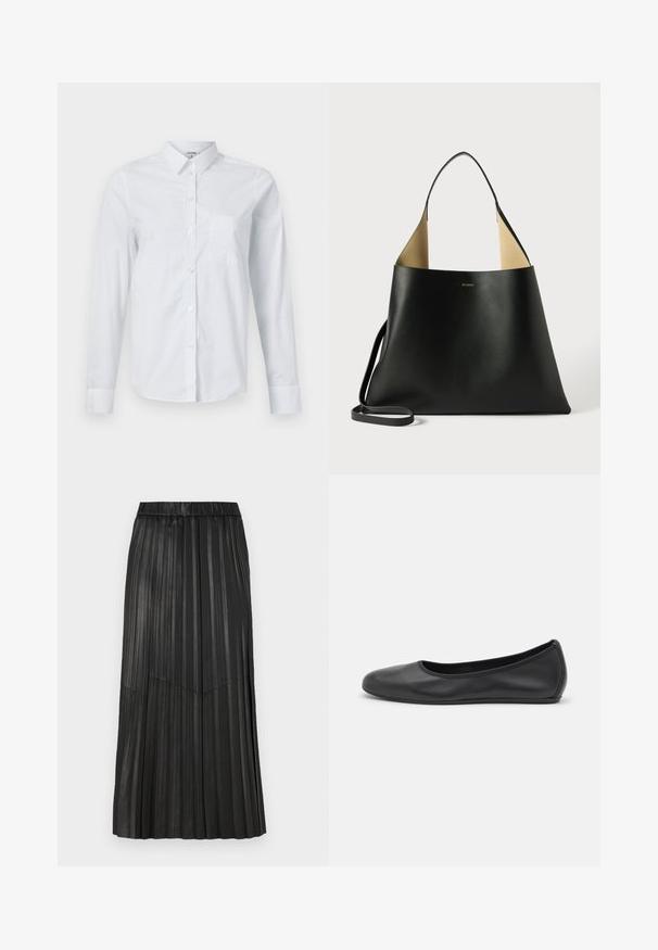Camisa de vestir blanca de manga larga hecha de algodón. Presenta un cierre de botones en la parte frontal, un cuello tipo punta y un bolsillo en el lado izquierdo del pecho.; Falda plisada negra hecha de material sintético con una cinturilla elástica y plisados verticales, que presenta un detalle de costura en forma de V en la parte delantera.; Bailarina de piel negra con punta redondeada, textura suave, detalle de costura minimalista y diseño de suela flexible.; Bolso tote de cuero negro con un diseño espacioso y angular. Presenta un interior en contraste en color marrón claro y una fina correa para el hombro. Marca minimalista exhibida.