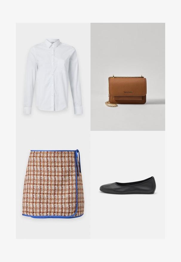 Valge pikakä sleeves särkk, mis on valmistatud puuvillast. Omab nööbiga esiosa, teravat kaelust ja vasakul küljel rinnataskut.; Kootud vöörihmaga seelik pruunikasmustrites kontrollmustris, sinise äärisega. Omab külje sidet ja tekstuurset kangast lisadetailideks.; Musthave mustika tantsutossud mustast nahast, ümmarguse varbaga, siledast tekstuurist, minimaalse õmblusdetailiga ja paindliku tallakujundusega.; Pruun tekstureeritud nahk ristkeha kott kuldse ahelaga rihmaga ja klapiga sulgemine. Esiküljel on logo detail ja tasku klapi all.