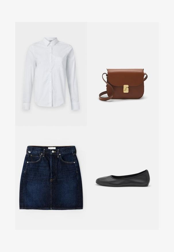 Balts garās piedurknes krekls, izgatavots no kokvilnas. Tam ir pogājams priekšpuse, norādīta apkakle un krūšu kabata kreisajā pusē.; Tumši zila džinsa svārku ar piecām kabatām, zelta šuvēm un klasisku griezumu. Iezīmes: pogu aizdare un jostu cilpas.; Melna ādas baleta kurpe ar noapaļotu purngalu, gludu tekstūru, minimālu šuvju detalizāciju un elastīgu zoles dizainu.; Bordo ādas rokas soma ar atloku, zeltītām detaļām, plecu siksnu un gludu virsmu. Kompakta, taisnstūrveida forma.