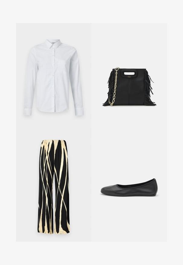 Fehér, hosszú ujjú ing, amely pamutból készült. Gombos elülső rész, hegyes gallér és egy mellzseb a bal oldalon.; Bőszárú nadrág, elasztikus derékkal, fekete háttérrel és krém színű absztrakt csíkos mintával. Sima szövettextúra.; Fekete bőr balettcipő lekerekített orral, sima tekstúrával, minimális varrással és rugalmas talp kialakítással.; Fekete bőr kézitáska, frufrus részletekkel, arany láncos vállpánttal és kivágott fogantyúval. Az elülső részen logó található.