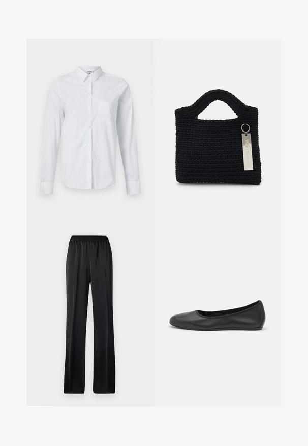 White long-sleeve shirt made of cotton, featuring a collar, button-down front, and a single chest pocket. Smooth texture. No patterns.; Black, wide-leg trousers with an elastic waistband. Made of a smooth, lightweight fabric, featuring a straight cut and no visible patterns.; Black leather ballet flat with a rounded toe, smooth texture, minimal stitching detail, and a flexible sole design.; Won Hundred MARSIELLE COMPUTER BAG UNISEX - Laptop bag - black